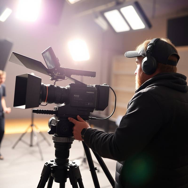 En person der filmer med et professionelt kamera på et filmset. Belysning og lydudstyr er også synligt.